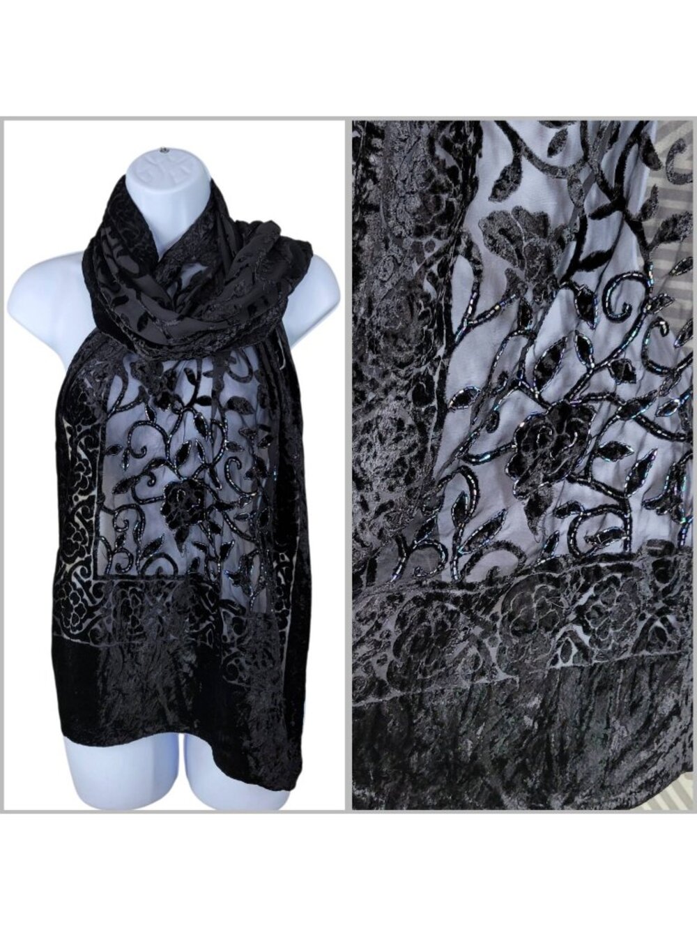 Beaded Velvet Scarf Shawl 28"x69" Rose Witchy Whimsigoth slStevie Nicks Alt